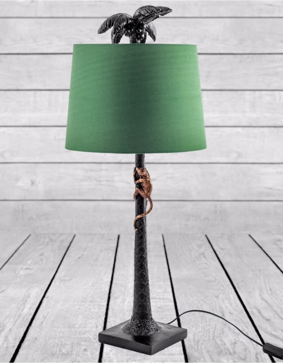 Palm Tree With Climbing Monkey Table Lamp With Green Shade