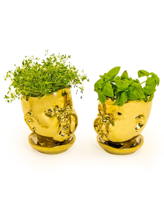 Golden Plated Ceramic Baby Face Vases (Set Of 2)
