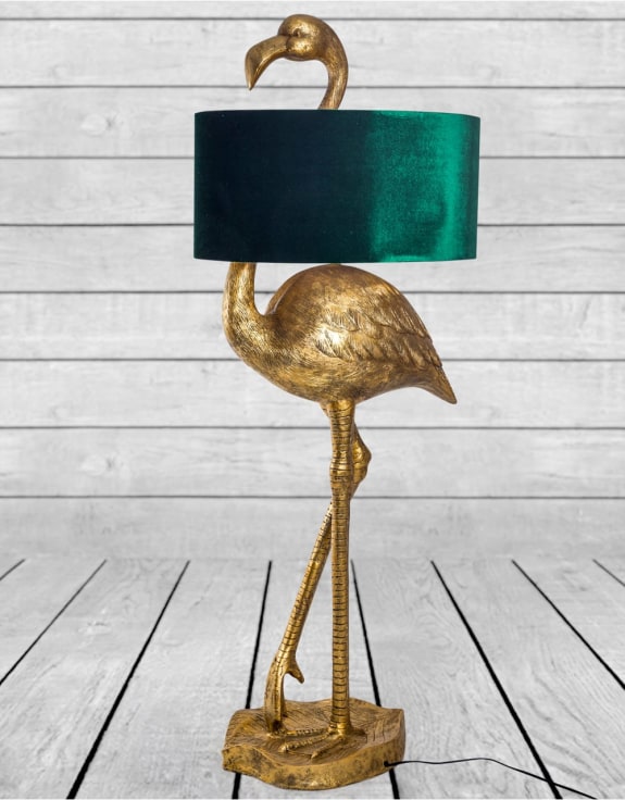 Antique Gold Flamingo Floor Lamp With Green Velvet Shade