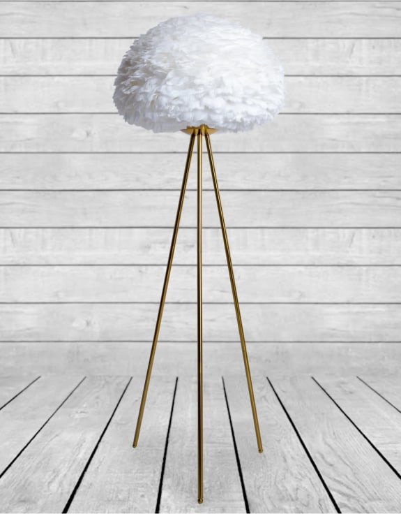 White Feather Shade Brushed Brass Tripod Floor Lamp