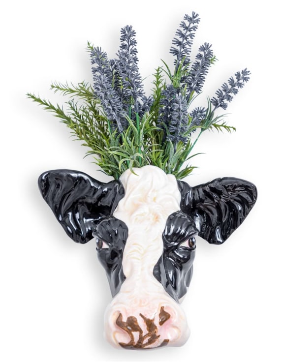 Hand Painted Ceramic Friesian Cow Head Wall Sconce Vase