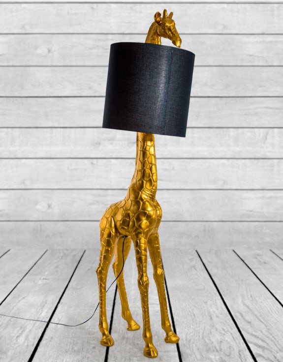Floor Lamp - Antique Gold Giraffe With Black Shade