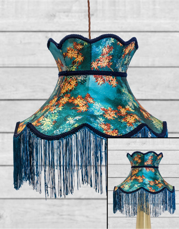 Floral Design Tall Blue Frilled Lampshade