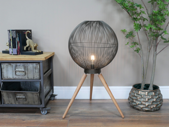Black Cage with Wooden Legs Floor Lamp