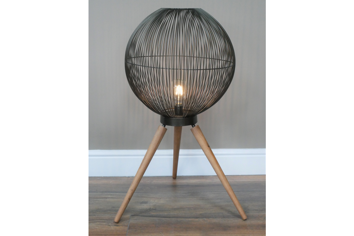 Black Cage with Wooden Legs Floor Lamp
