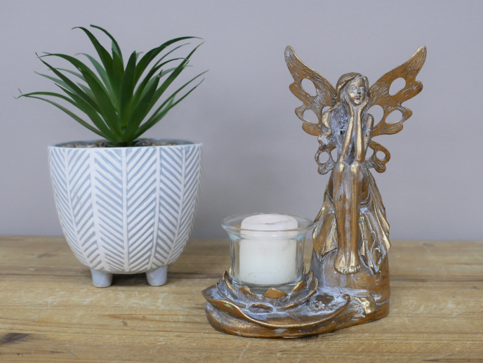 Golden Sitting Fairy Tealight Holder with cup