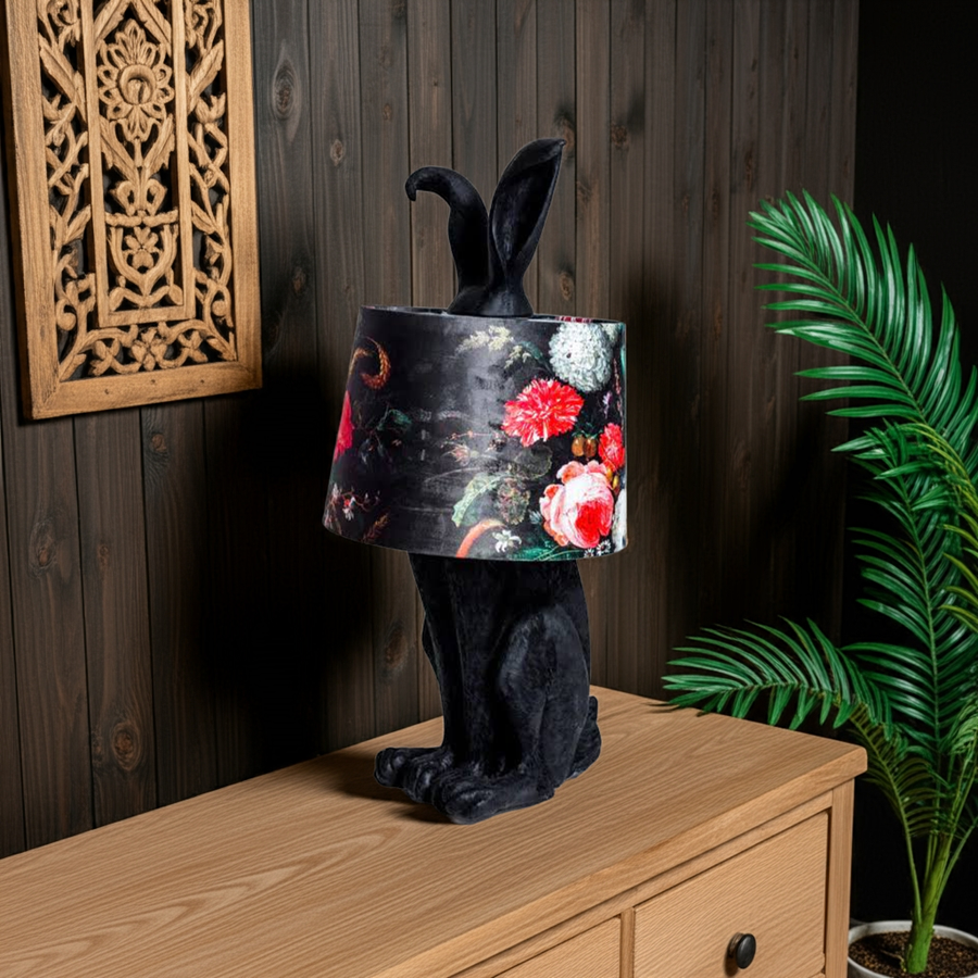 Matt Black Rabbit Ears Lamp with Boho Floral Shade – Decor Vibes Ltd