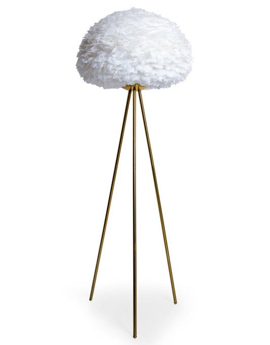White Feather Shade Brushed Brass Tripod Floor Lamp