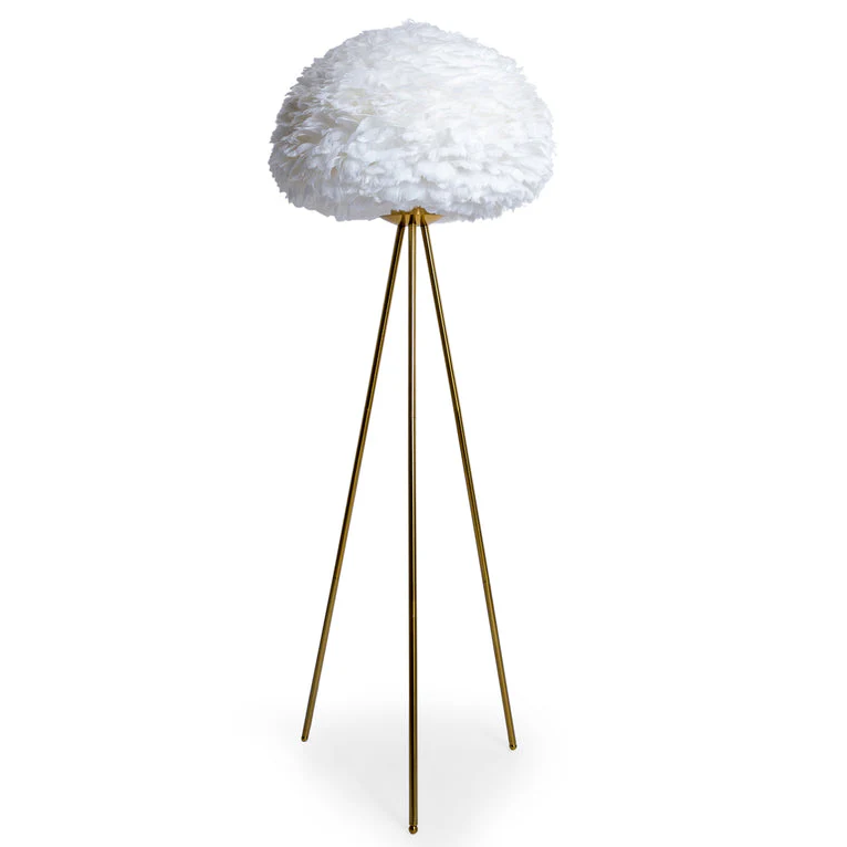 White Feather Shade Brushed Brass Tripod Floor Lamp