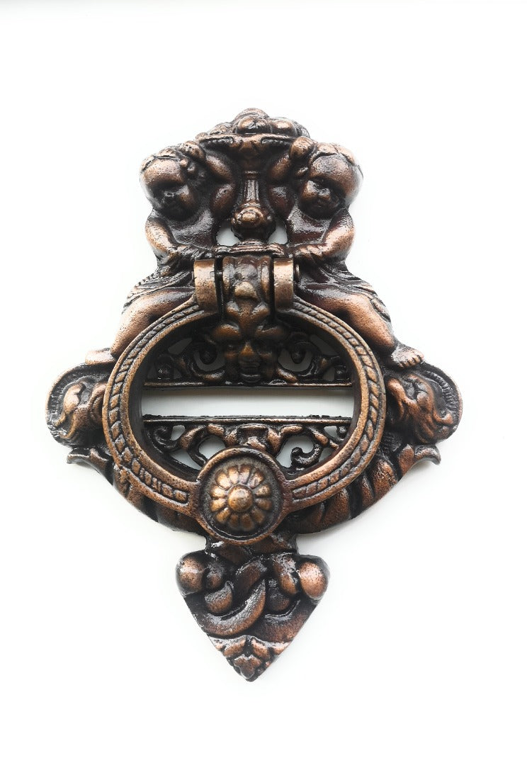 Antique Copper Angel Cherubs Door Knocker  - Large (7'' W x 10'' H )
