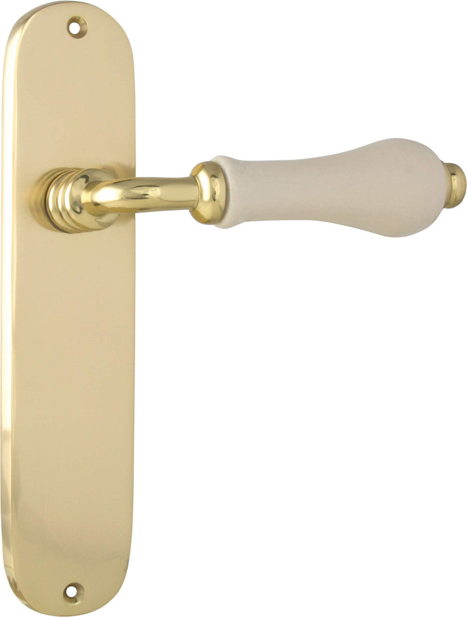 B&M Heritage Polished Brass Lever Latch with Ivory Porcelain Door Handle 200x45